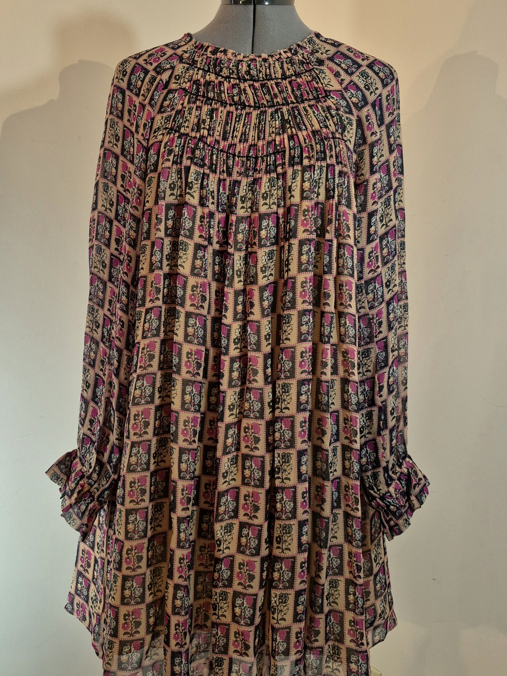Anthropologie Pink, Black & Cream Floral Smocked Neck Dress